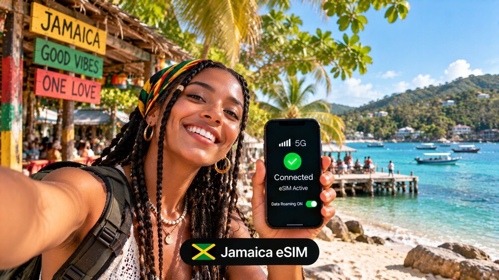 A person holding a smartphone displaying a 5G connection status with a beach and boats in the background. 1