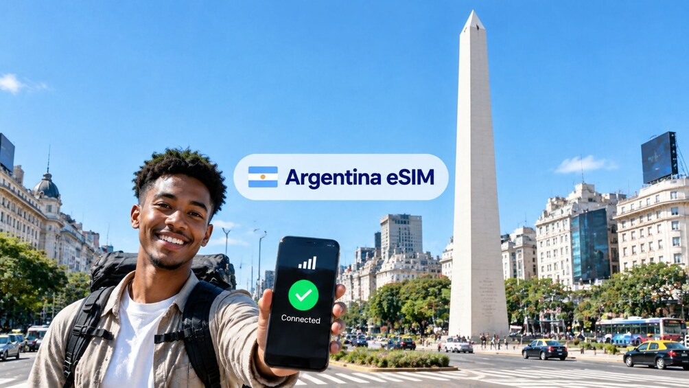 A person holding a smartphone with a green checkmark on the screen, standing in front of a tall monument in an urban setting. 1