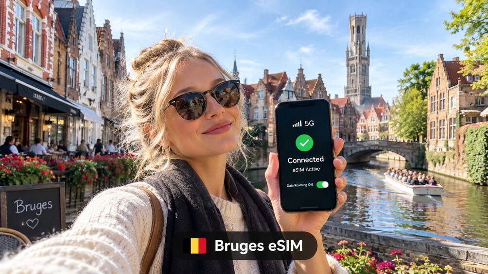 A person holding a smartphone displaying a 5G connection status in a European city with historic buildings and a canal. 2