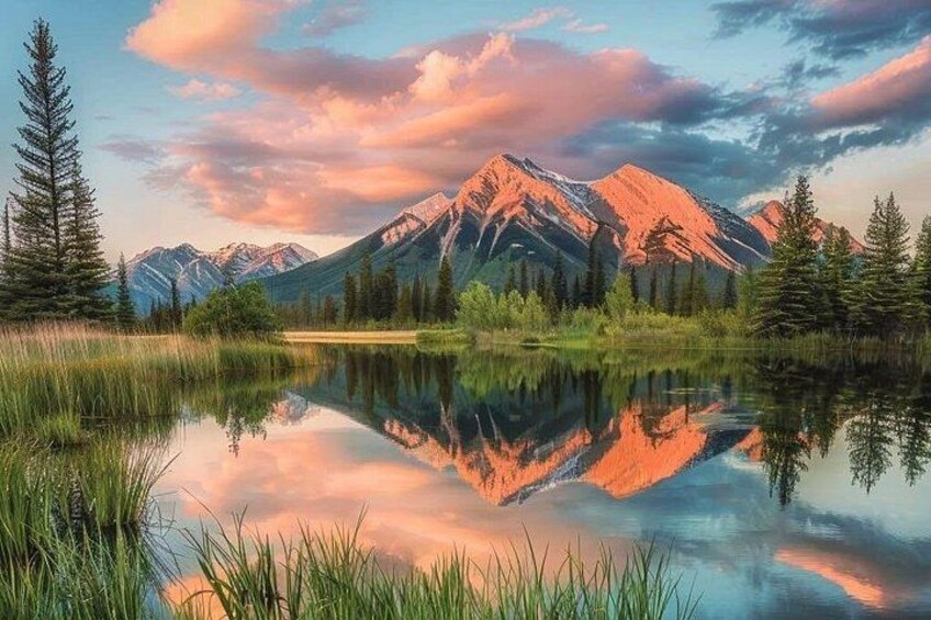 A mountain range reflected in a calm lake with tall trees and a clear sky. 2