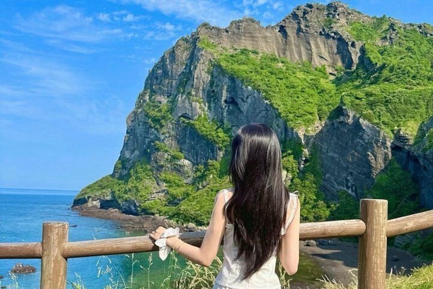Une personne se tient près d’une rambarde en bois, surplombant une zone côtière avec des falaises et de la végétation. 3