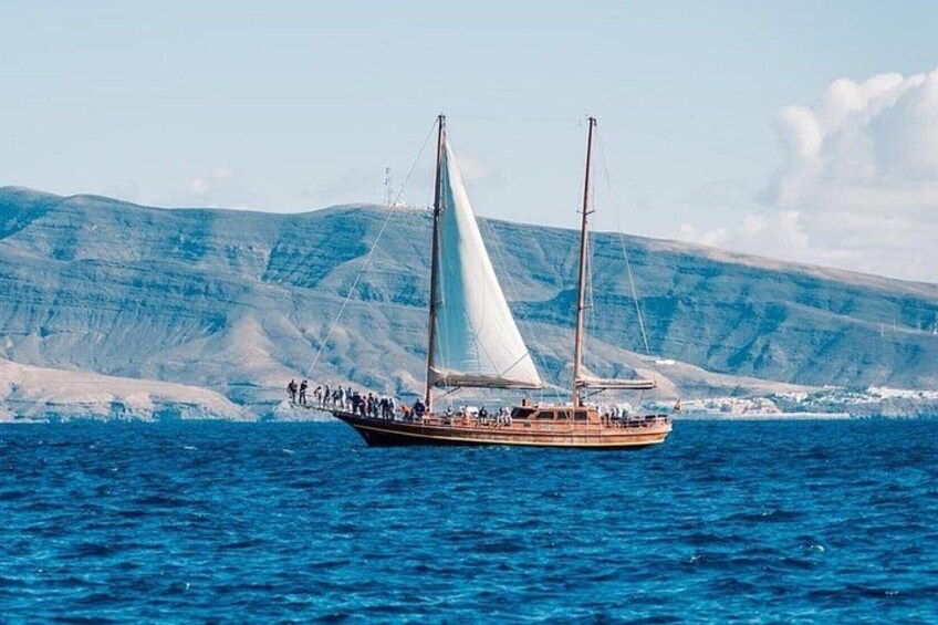 A sailboat on the ocean with a mountainous coastline in the background. 4
