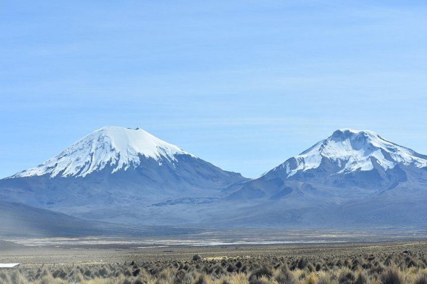 Two snow-capped mountains, a clear sky, and a flat landscape with sparse vegetation. 1