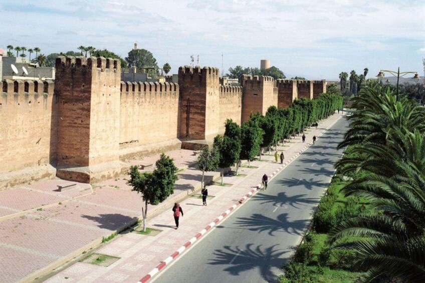 Una fortificación histórica con altas murallas de ladrillo, un sendero empedrado y palmeras que bordean la calle. 2