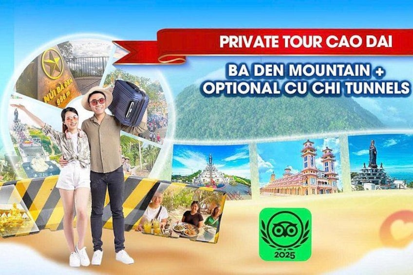 Werbeplakat für eine private Tour zu den Cao Dai, mit Blick auf den Ba Den Berg und optionalen Besuch der Cu Chi Tunnel. 5