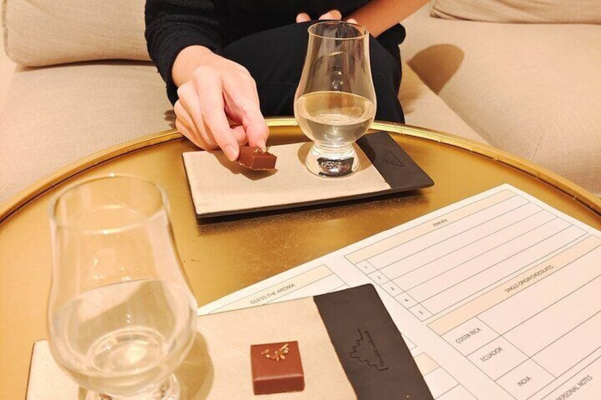 A person sitting at a table with a glass of wine, a chocolate bar, and a menu. 1