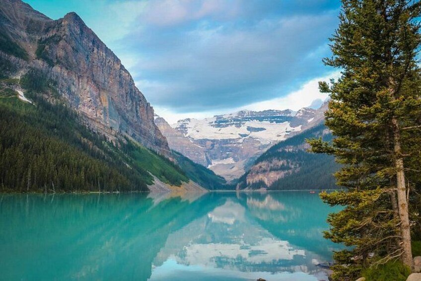 A mountain lake with clear turquoise water, surrounded by forested mountains and a single tall tree on the right. 5