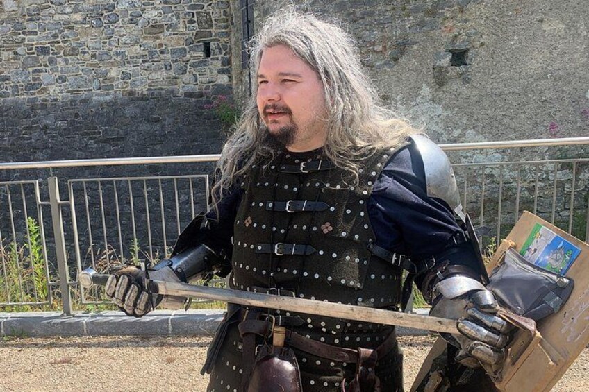 A person in medieval armor holding a sword and shield, standing outdoors with a stone wall and metal fence in the background. 2