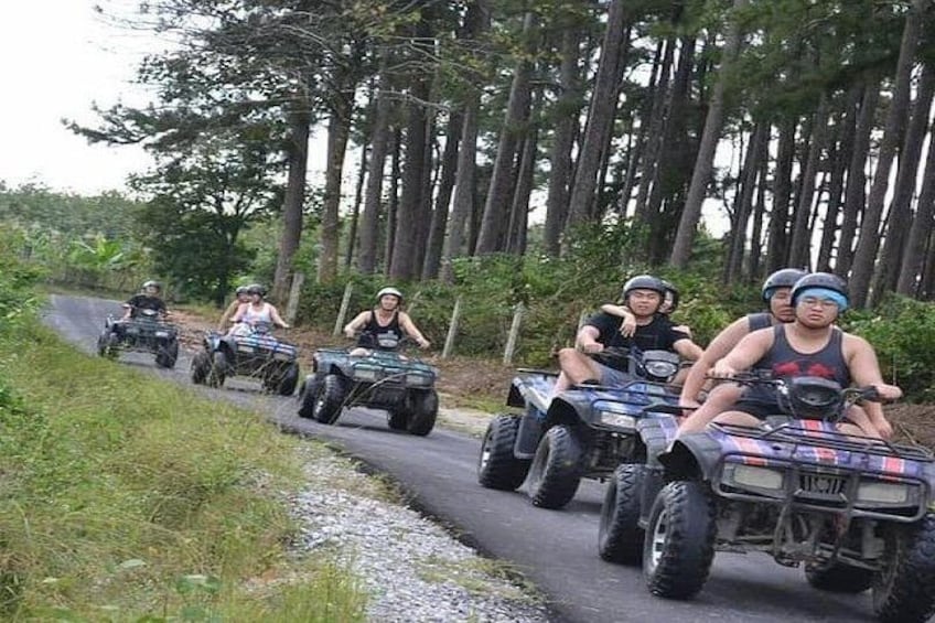 Four people riding ATVs on a narrow road surrounded by trees. 5