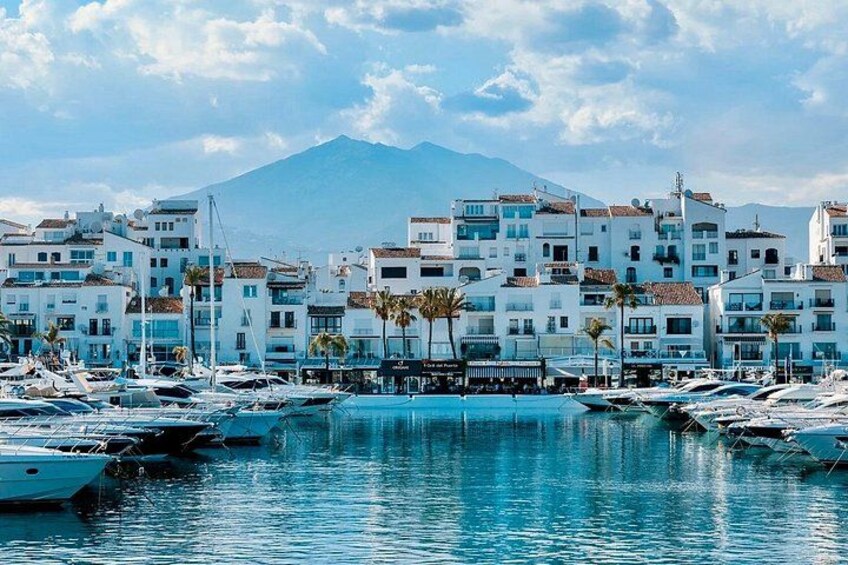 A marina with boats, white buildings, and a mountain in the background. 4