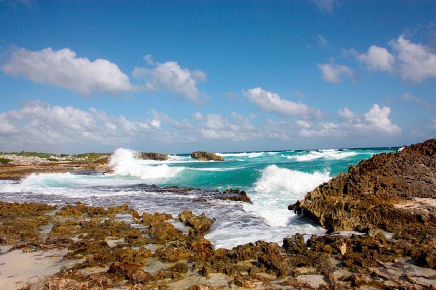 A rocky coastline with waves crashing against the rocks under a clear blue sky. 4