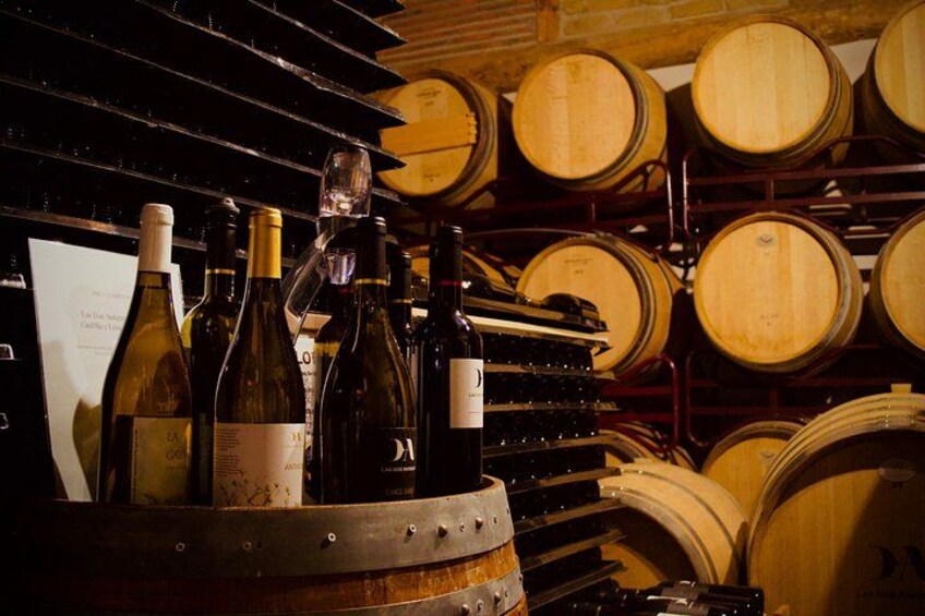 Barricas y botellas de vino en una bodega. 4