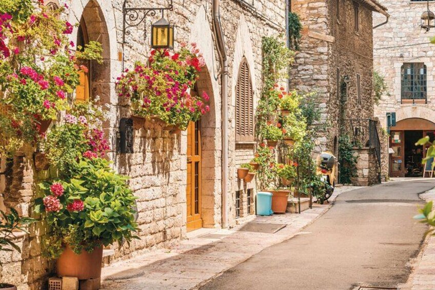 Una estrecha calle adoquinada flanqueada por edificios de piedra, algunos con jardineras y plantas colgantes. 3