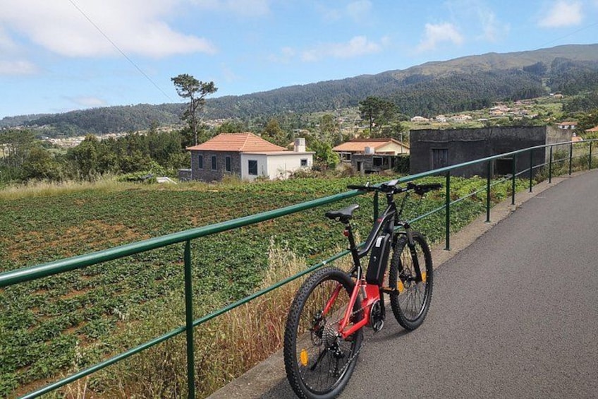 A bicycle parked on a paved path with a green railing, a field, and houses in the background. 2