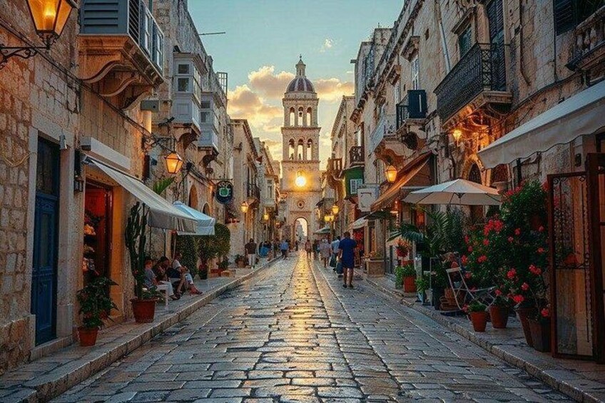 Una calle adoquinada que conduce a una torre con campanas, flanqueada por edificios con terrazas y macetas. 1