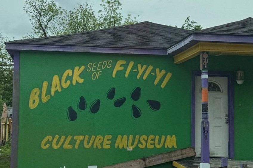 Een groen gebouw met een bord waarop staat 'Black Seeds of Fi-Yi-Yi Culture Museum' en een deur met een paarse omlijsting. 5