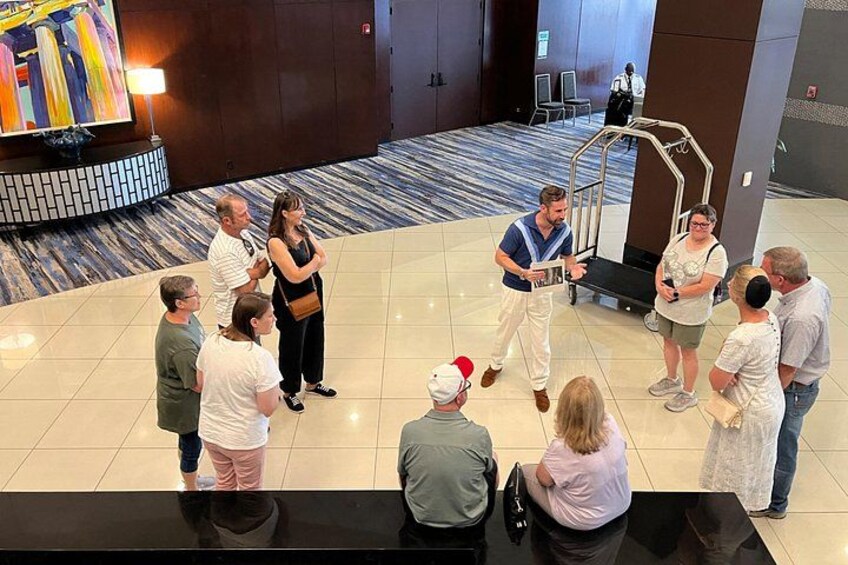 Begin with an intro to Tulsa history inside a hotel lobby with access to water and restrooms. A paid parking garage is attached to the hotel. 4