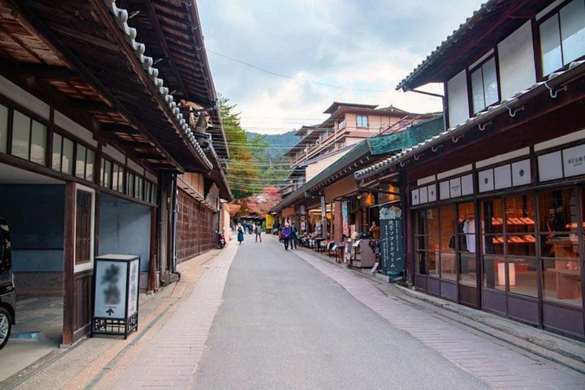 A narrow street lined with traditional buildings, a clear sky, and a distant mountain. 2