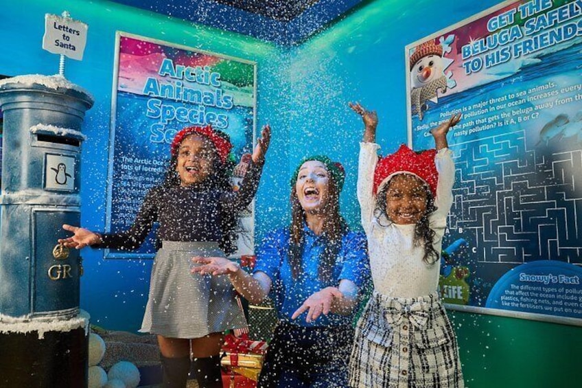 Children playing with water in a room with educational posters about Arctic animals and pollution. 3