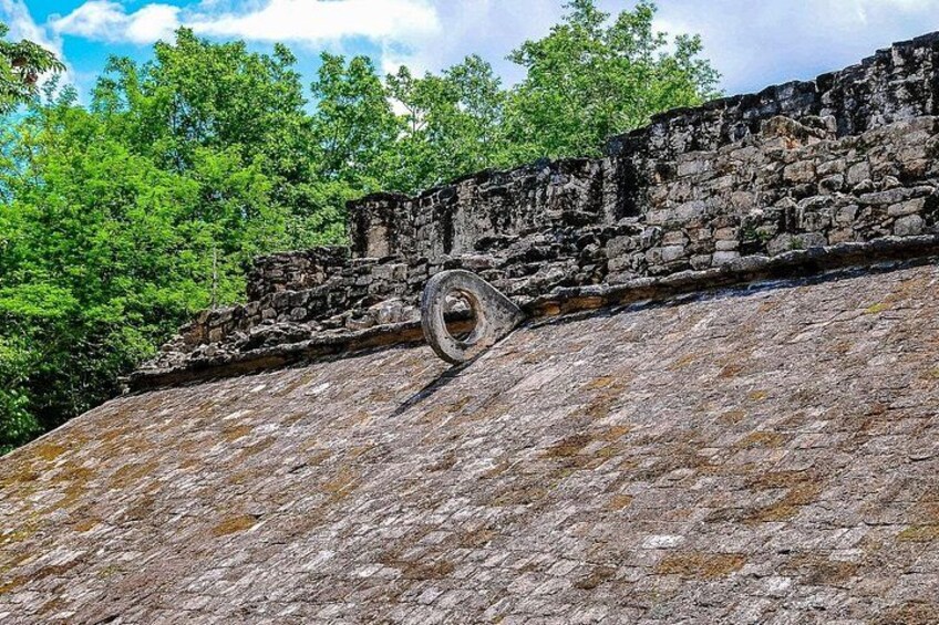 Eine Steinsäule, umgeben von Grünpflanzen, an einer Steinmauer. 5
