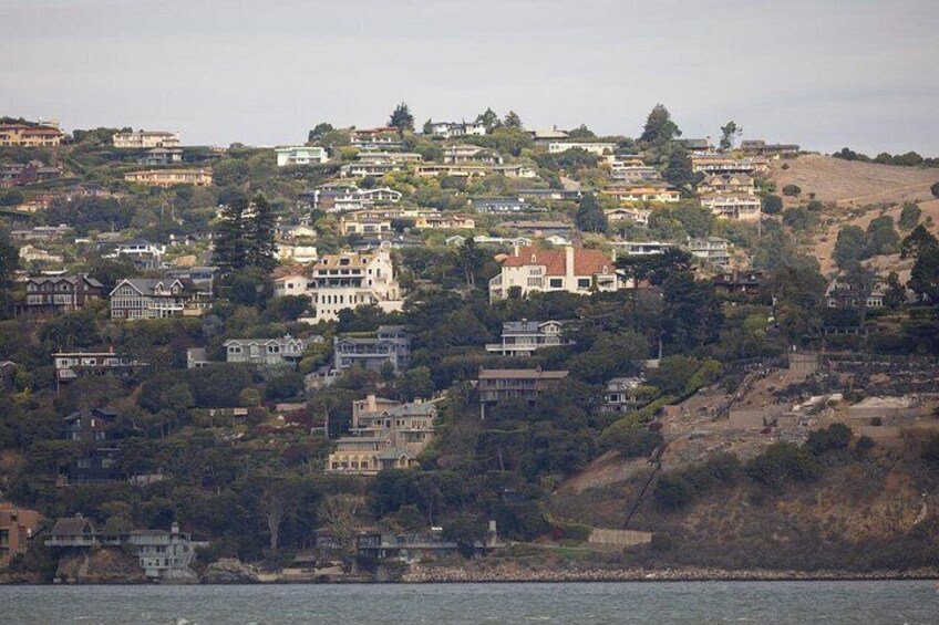 A hillside residential area with houses, trees, and a body of water in the foreground. 4