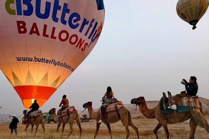 Un globo aerostático con el texto "Butterfly Balloons" y una dirección web. Personas montan camellos en un paisaje desértico. 2