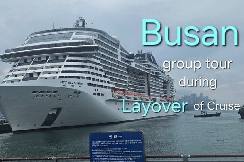 A large cruise ship named MSC Bellissima docked at a port with a city skyline in the background. 1