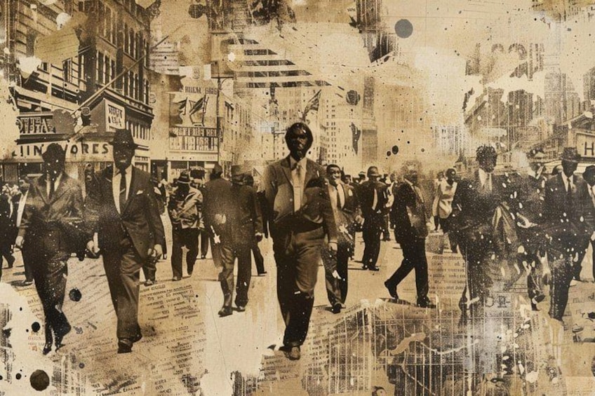 A vintage street scene with people walking, buildings, and signs. 3