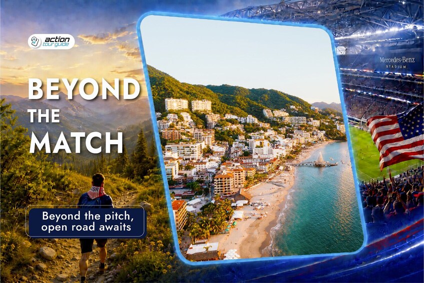 A person hiking, a coastal town, and a stadium. 3