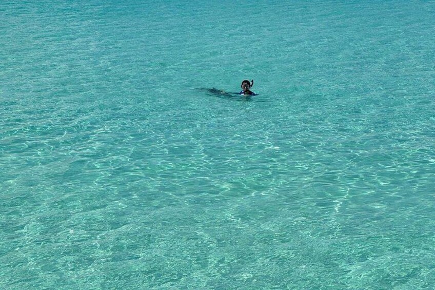 A person swimming in clear turquoise water. 4