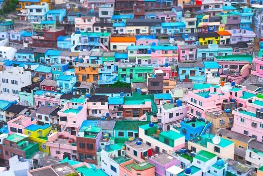 A densely packed urban area with colorful buildings. 4