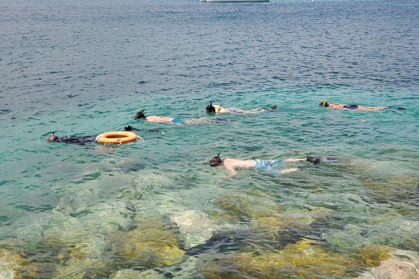 People swimming in clear water with a boat in the background. 5