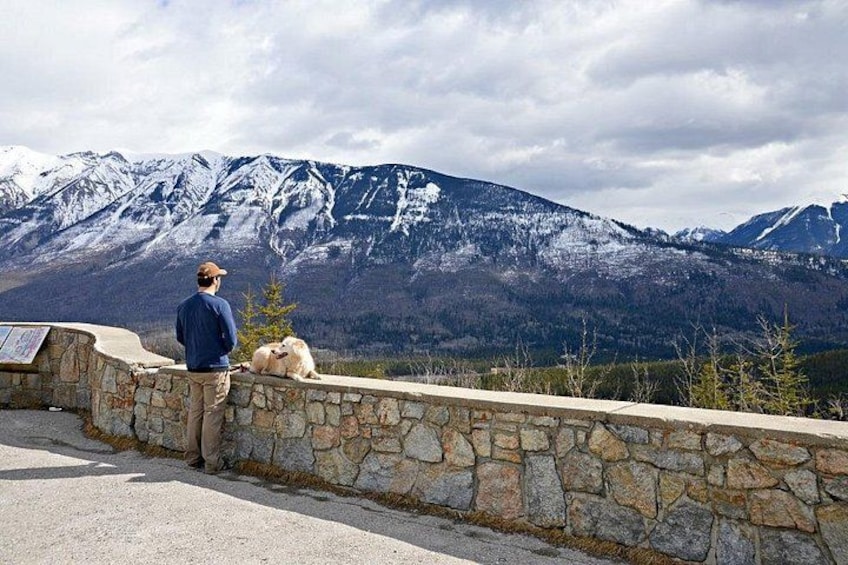 A person standing by a stone wall overlooking snow-capped mountains. 5