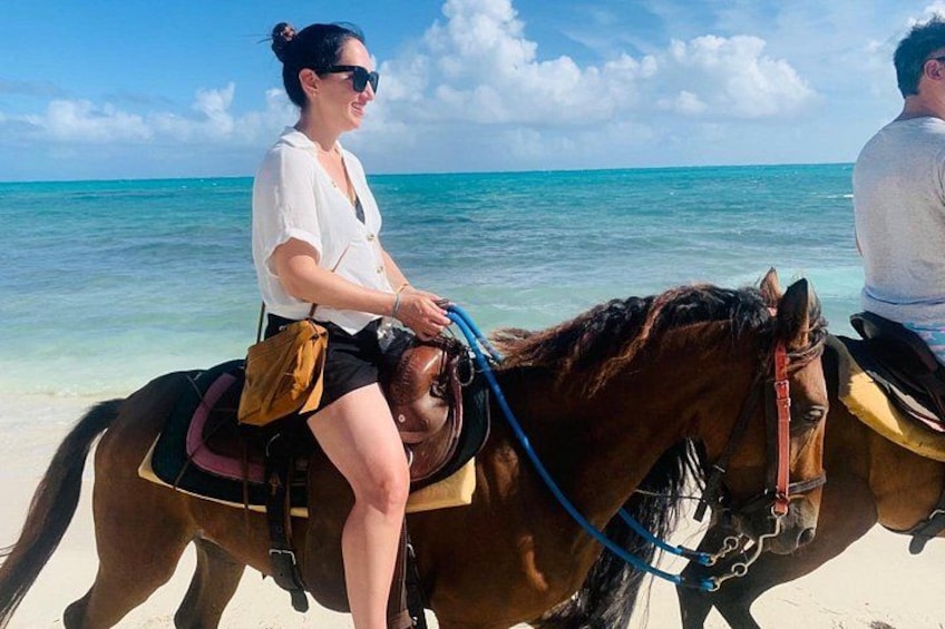A person riding a horse on a beach with the ocean in the background. 3