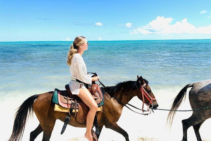 A woman riding a horse on a beach with clear blue water and a bright sky. 1