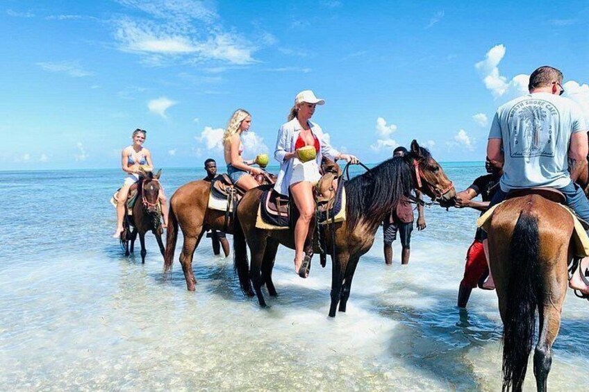 People riding horses on a beach with clear water and a blue sky. 5