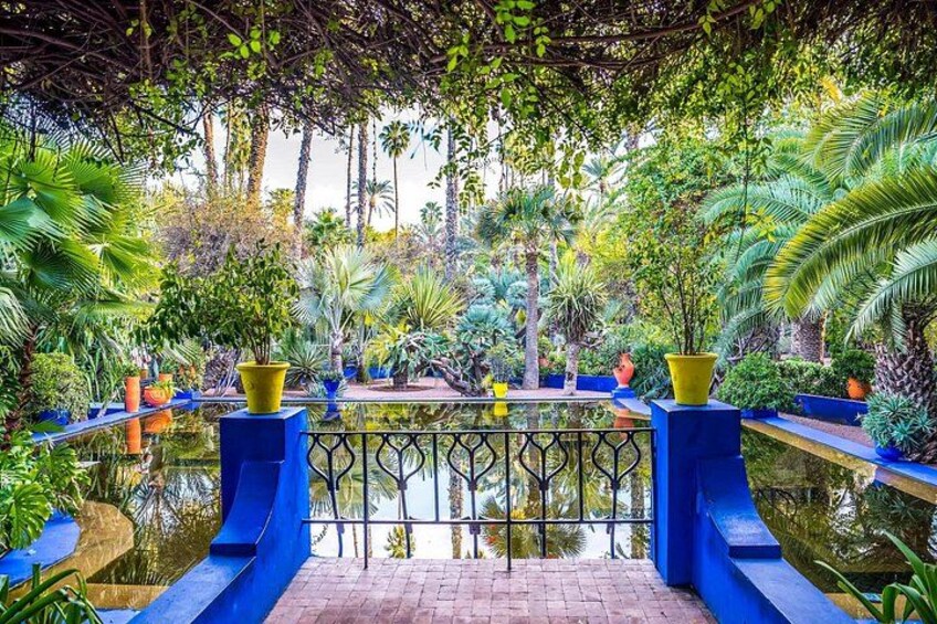 A garden with a water feature, blue planters, and tropical plants. 4