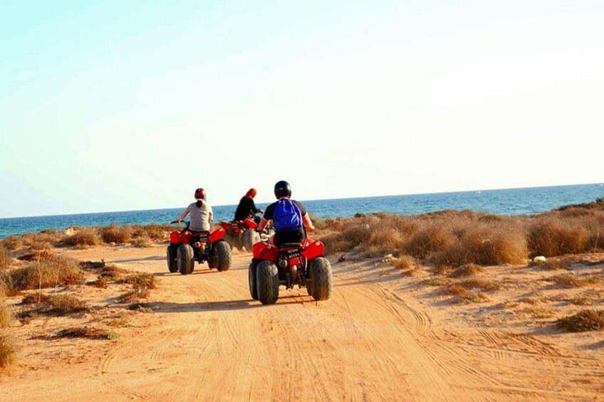 Tre persone che guidano ATV rossi su un sentiero sterrato vicino al mare. 3