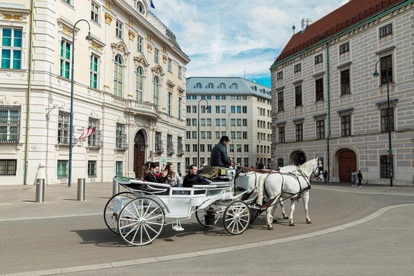 Un'elegante carrozza trainata da cavalli su una strada cittadina, sullo sfondo edifici storici. 3