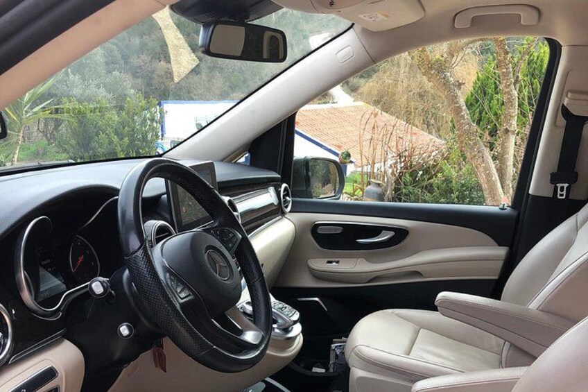 A car interior with a steering wheel, dashboard, and beige leather seats. 1