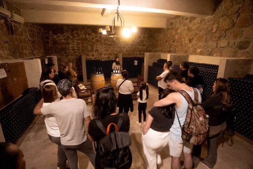 A group of people in a wine cellar with stone walls and wooden barrels. 5