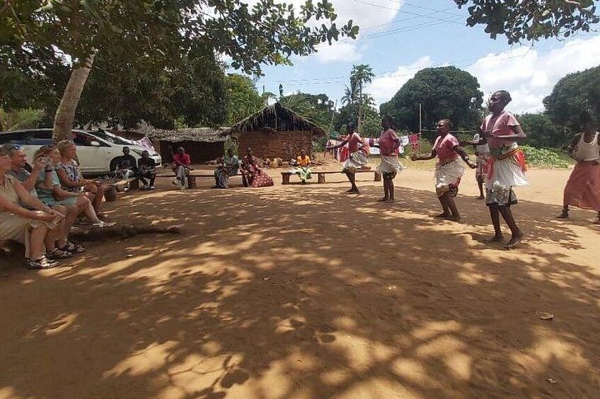 A group of people performing a dance in an outdoor setting with trees and a thatched-roof structure in the background. 3