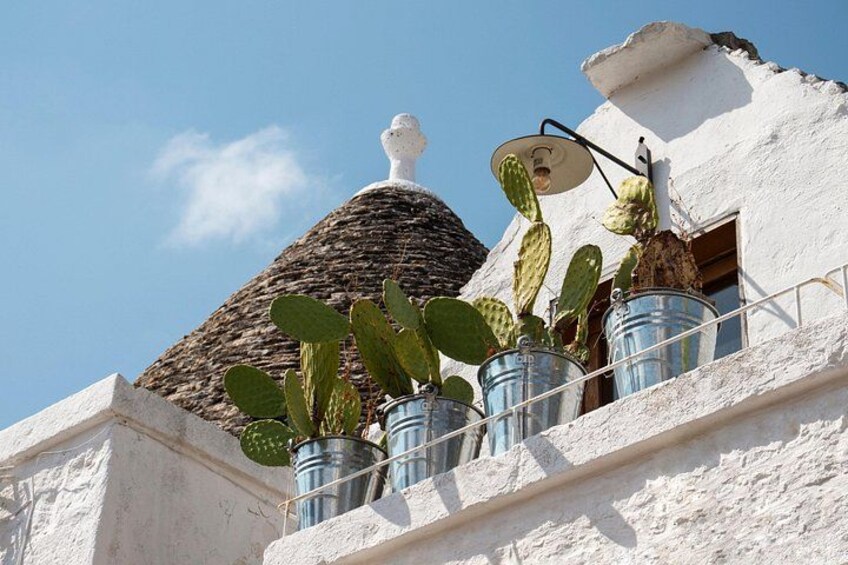 Un edificio bianco con tetto a cupola, una statua bianca in cima e secchi metallici con cactus sul balcone. 2
