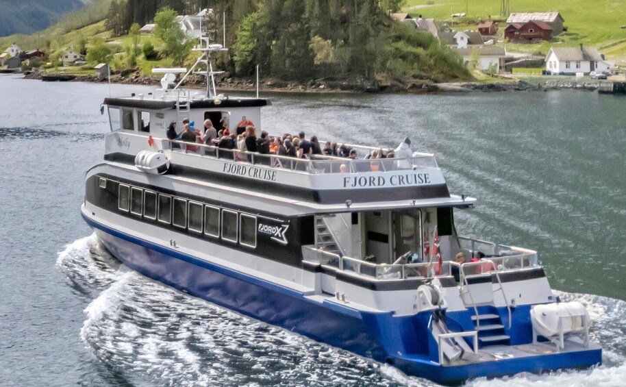 A Fjord Cruise boat with passengers, moving on a fjord with houses and greenery in the background. 2
