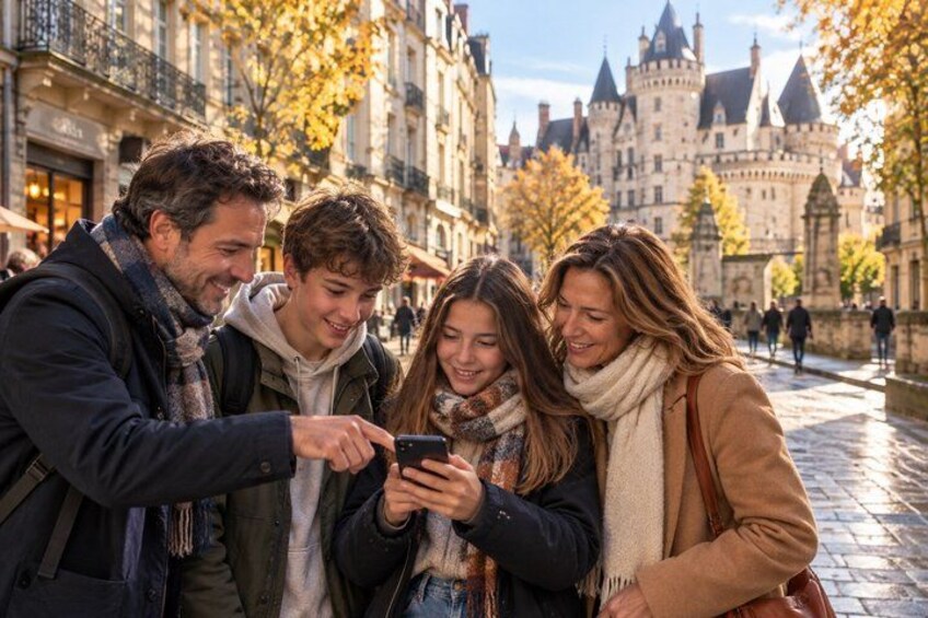Eine Gruppe von Personen betrachtet ein Smartphone auf einem Kopfsteinpflasterweg, im Hintergrund befinden sich historische Gebäude. 1