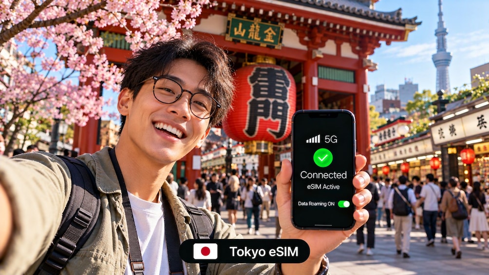 A person holding a smartphone displaying a 5G connection and eSIM active status. 4
