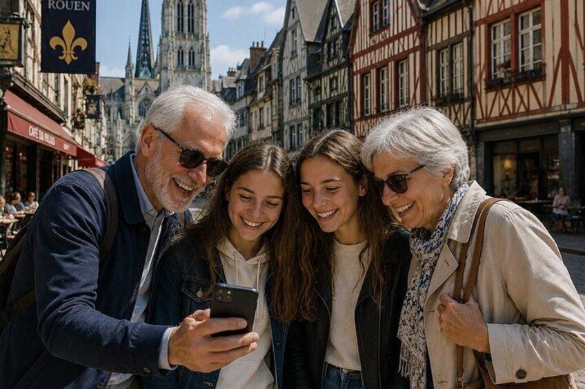 A group of people in a historic European town square, with half-timbered buildings and a church spire in the background. 3