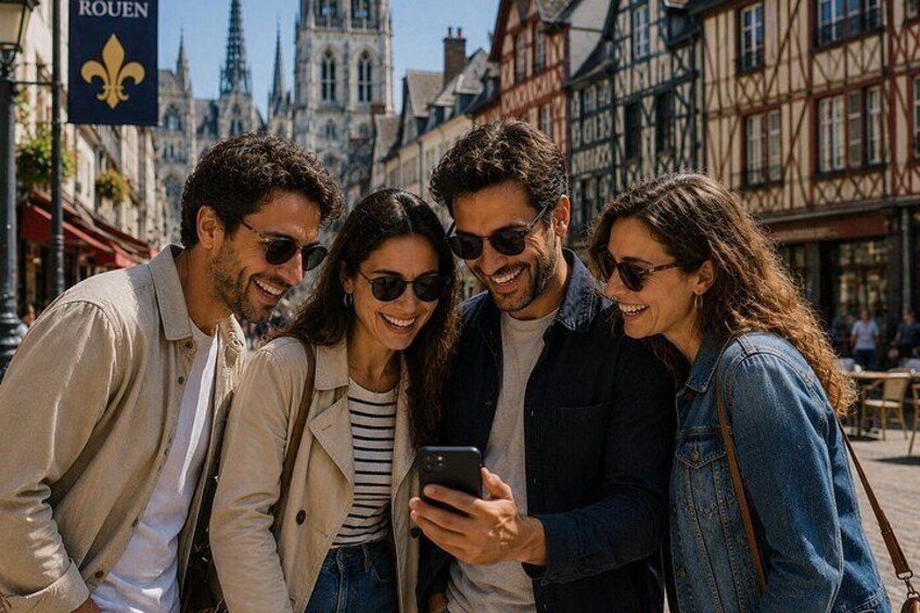 A group of people taking a photo in a historic European town with half-timbered buildings and a church spire in the background. 2