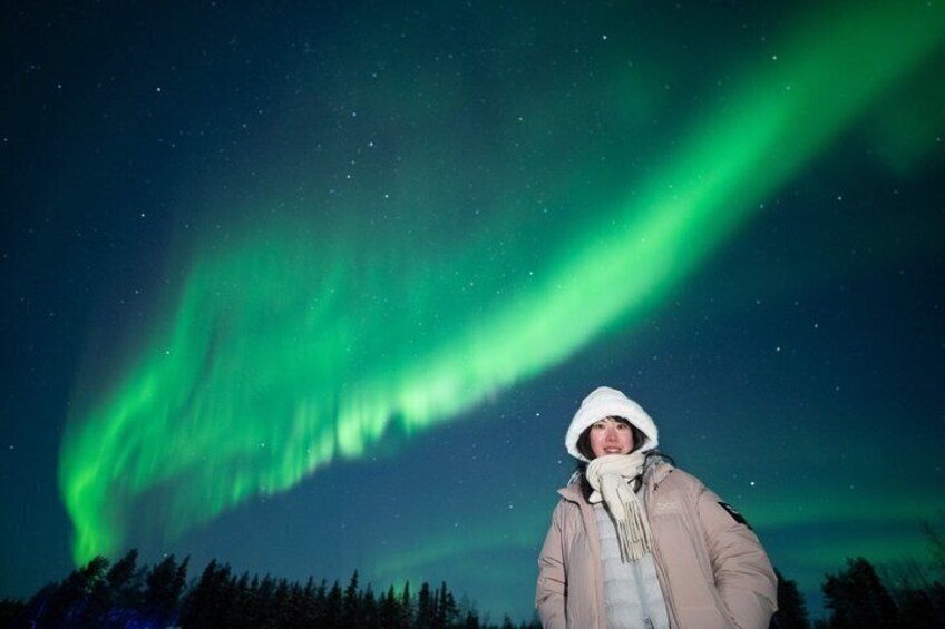Una persona bajo un cielo nocturno con auroras boreales verdes. 5