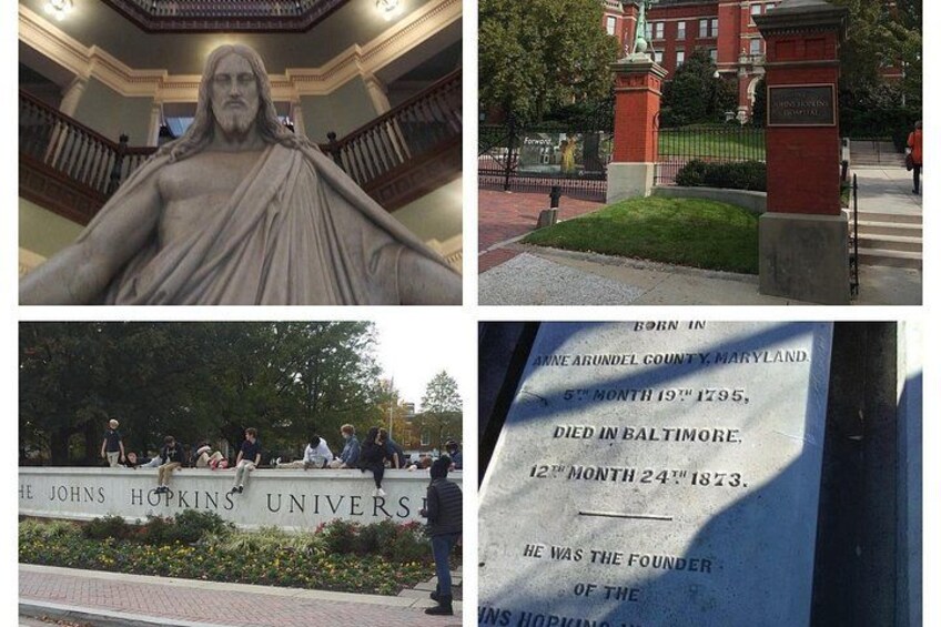A statue, a university sign, and a historical plaque. 1